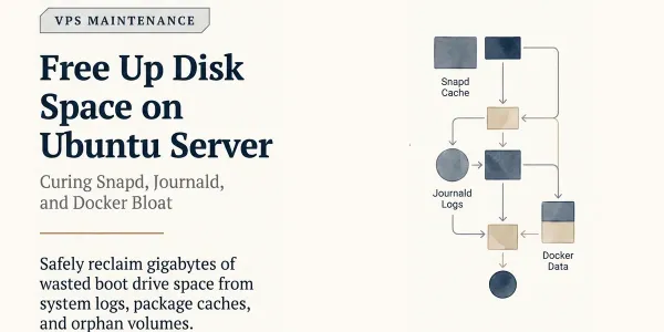 Diagram of the four main sources of Ubuntu server disk bloat: snapd cache, systemd journal, dangling Docker images, and orphan volumes