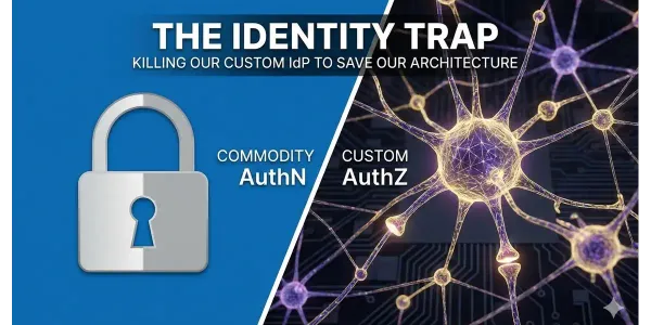 A split technical diagram showing a generic lock icon representing commodity AuthN versus a complex neural network representing custom AuthZ