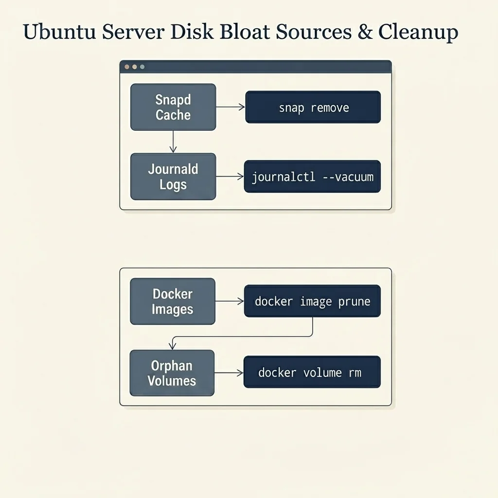 Ubuntu Server Disk Bloat Sources & Cleanup Diagram